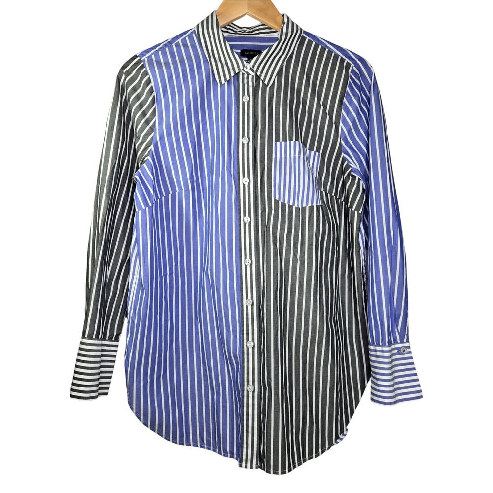 Talbots Womens Blue Gray White Mixed Sailor Stripe Button Down Shirt M Cotton